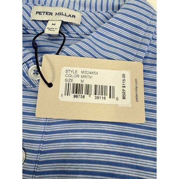 NWT Peter Millar Triple Stripe Pima Cotton Golf Polo Shirt Blue MEDIUM $115 - Picture 3 of 8